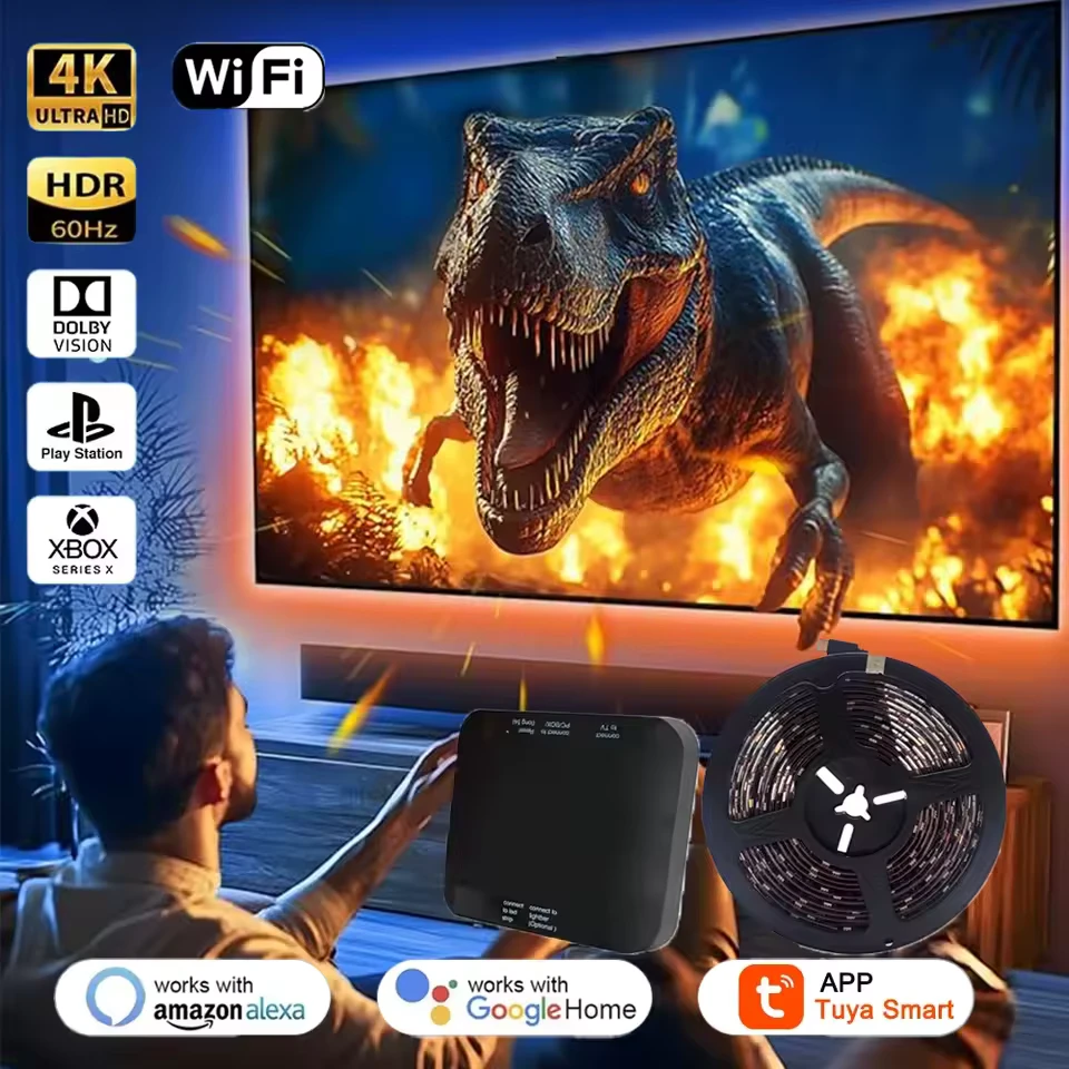 image03tv-syncbox-ambientlight-4k کیت نورپردازی تلویزیون - سینک باکس فوتونیکس با تکنولوژی Tuya مدل PX-Hsync-03 برای سایز 40 تا 75 اینچ با قابلیت اتصال HDMI و سینک با تصویر تلویزیون - Image 1