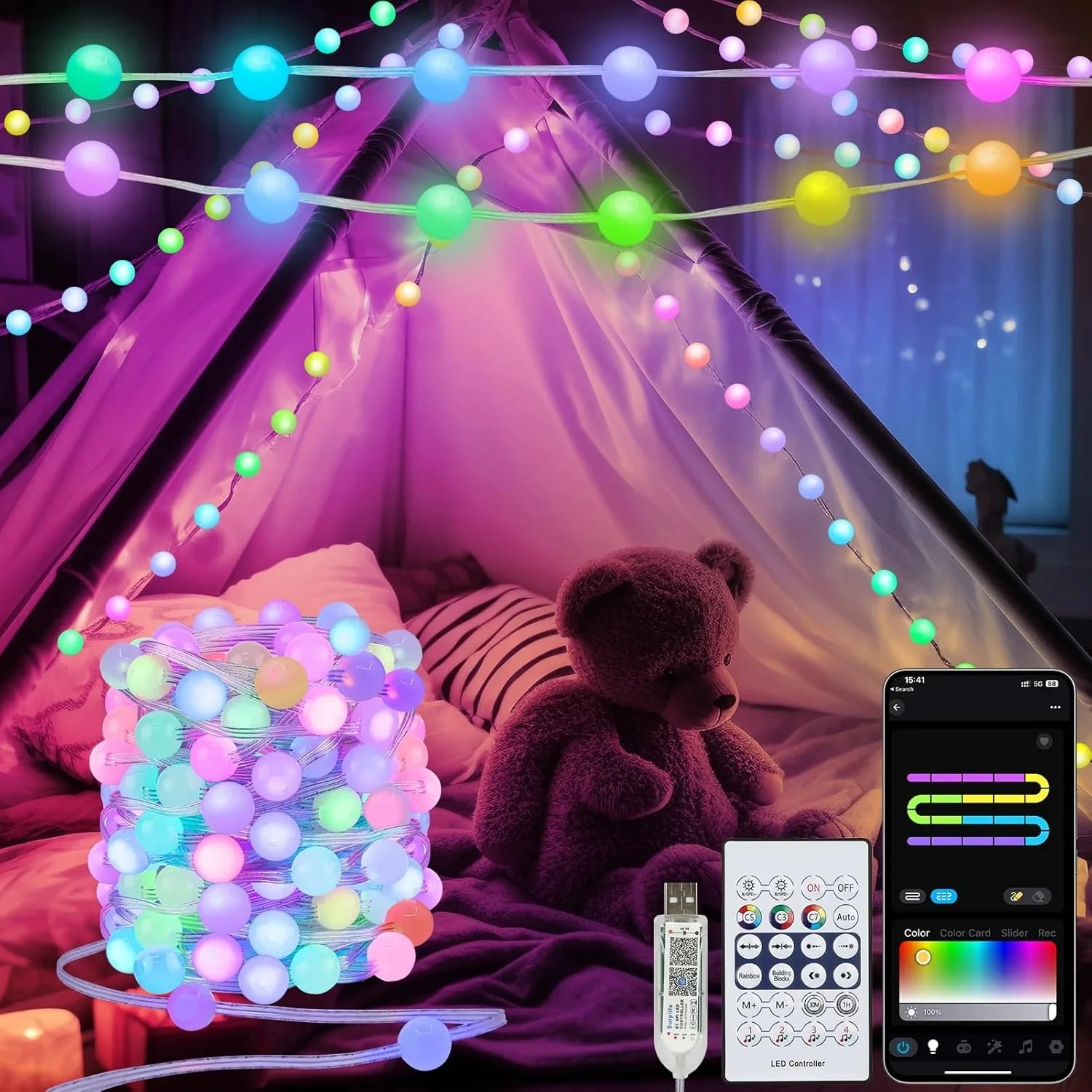 image02--ambientlight-2-decor-lamp-rgbic-geeroom ریسه هوشمند 15 متری فوتونیکس مدل PX-LPX-15 همراه اپلیکیشن موبایل و ریموت کنترل و حساس به صدا با طرح دایره ای - Image 1